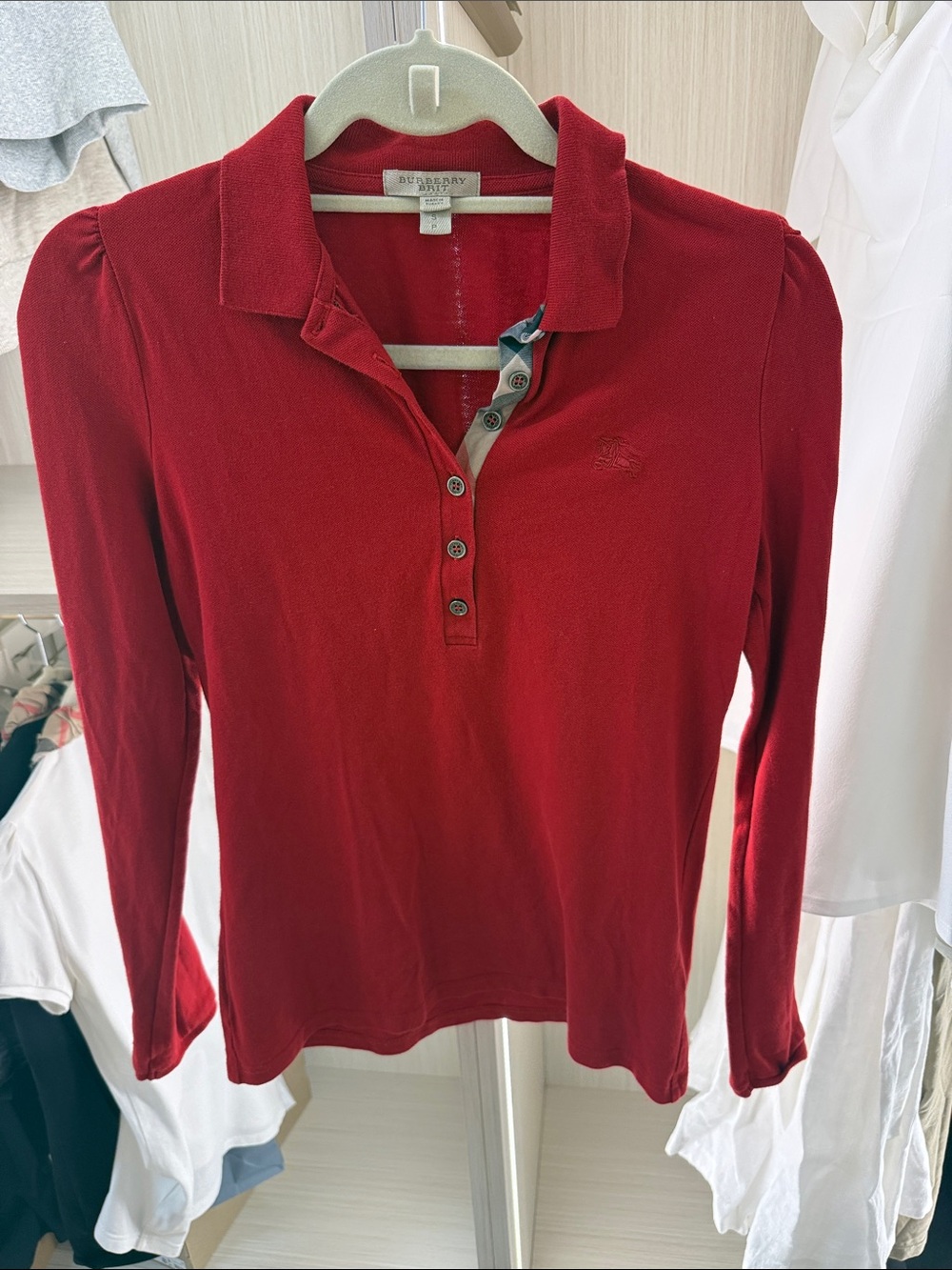 Burberry Red Long-Sleeve Polo Top with Button Placket